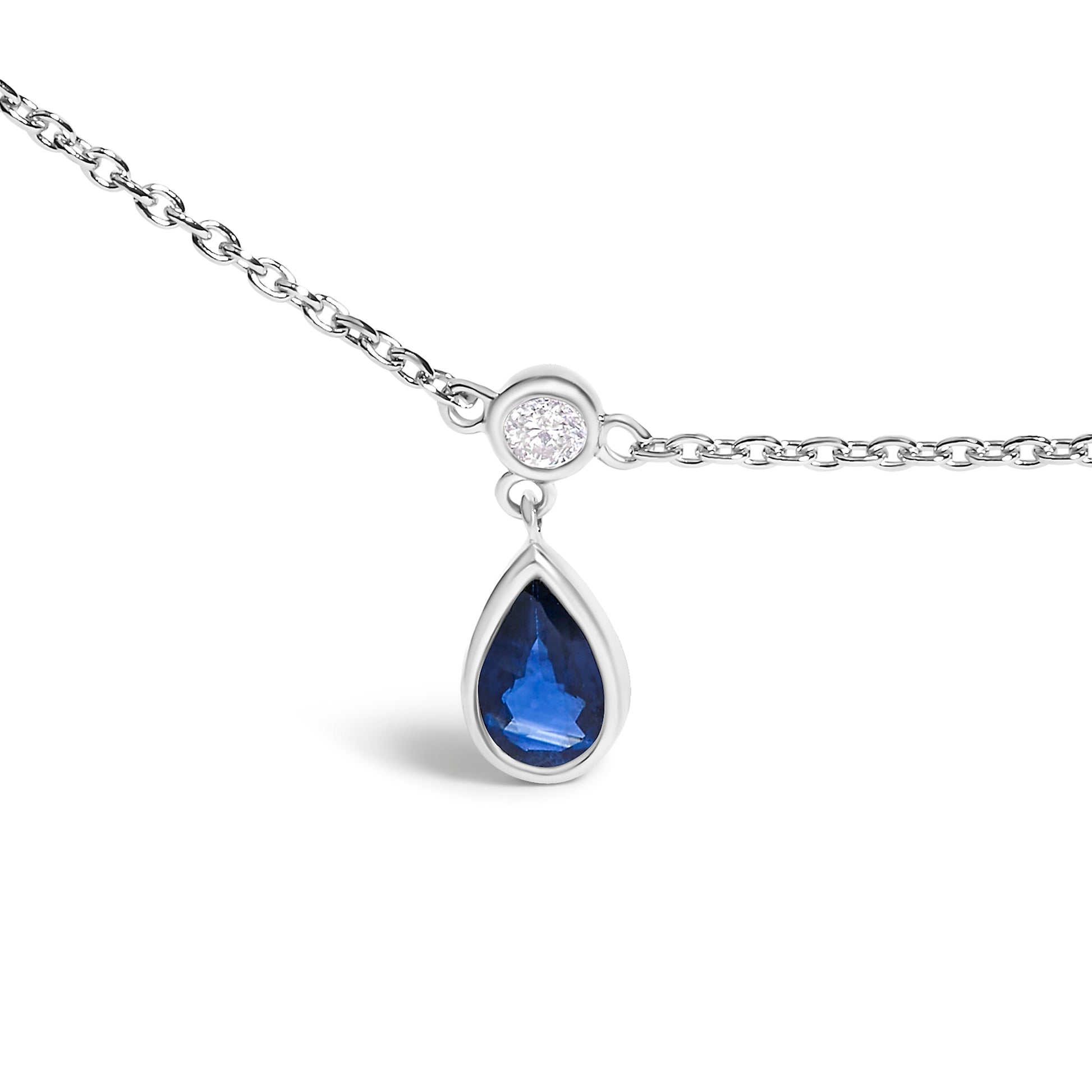 10K White Gold Dangling 5x3 mm Pear Blue Sapphire and Diamond Station Necklace - 18" Inches Bids.com
