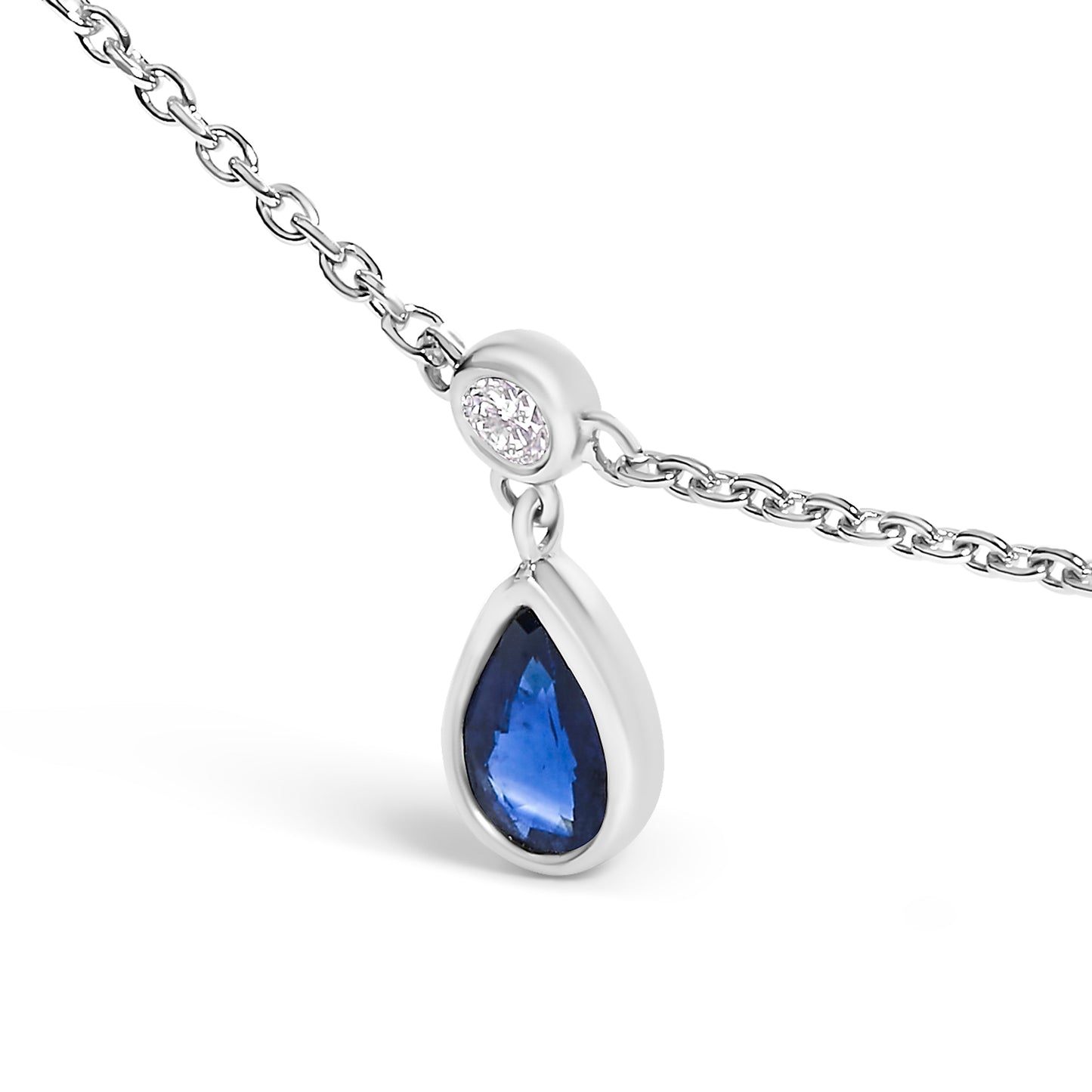 10K White Gold Dangling 5x3 mm Pear Blue Sapphire and Diamond Station Necklace - 18" Inches Bids.com