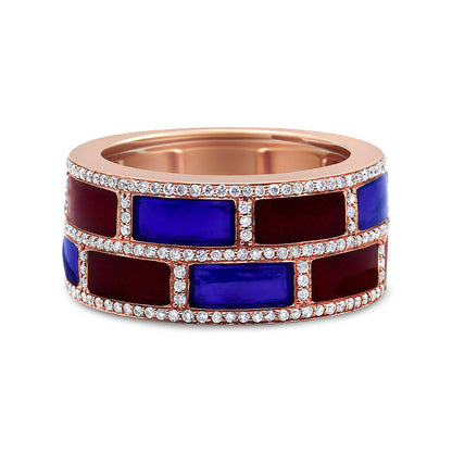 18K Rose Gold Alternating Red and Blue Enamel and 1/2 Cttw Diamond Studded Band Ring (F-G Color, VS1-VS2 Clarity) - Ring Size 7 Bids.com
