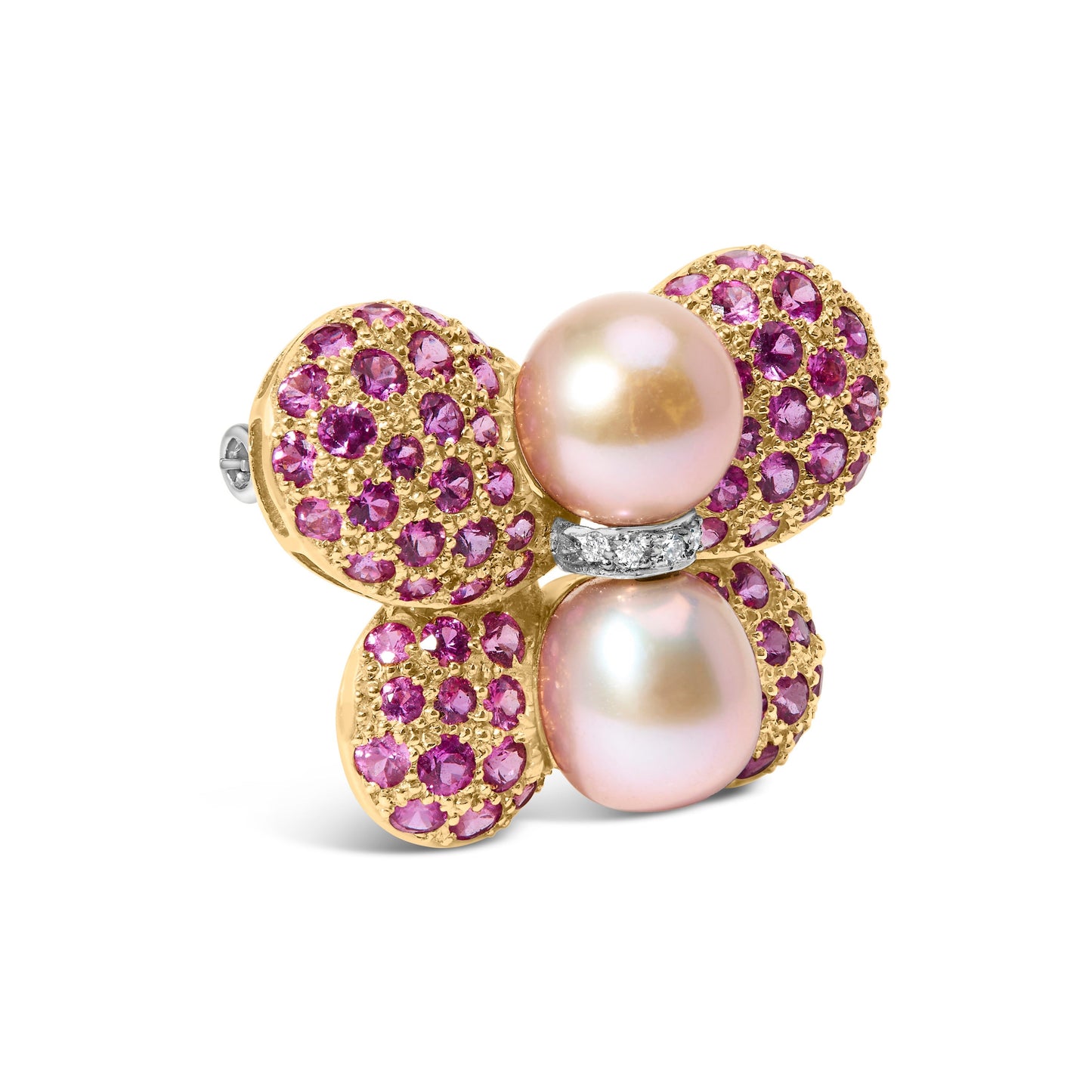 18K Yellow and White Gold 9MM South Sea Pearl and Pink Sapphire Butterfly Pin Brooch with Diamond Accent (F-G Color, VS1-VS2 Clarity) Bids.com