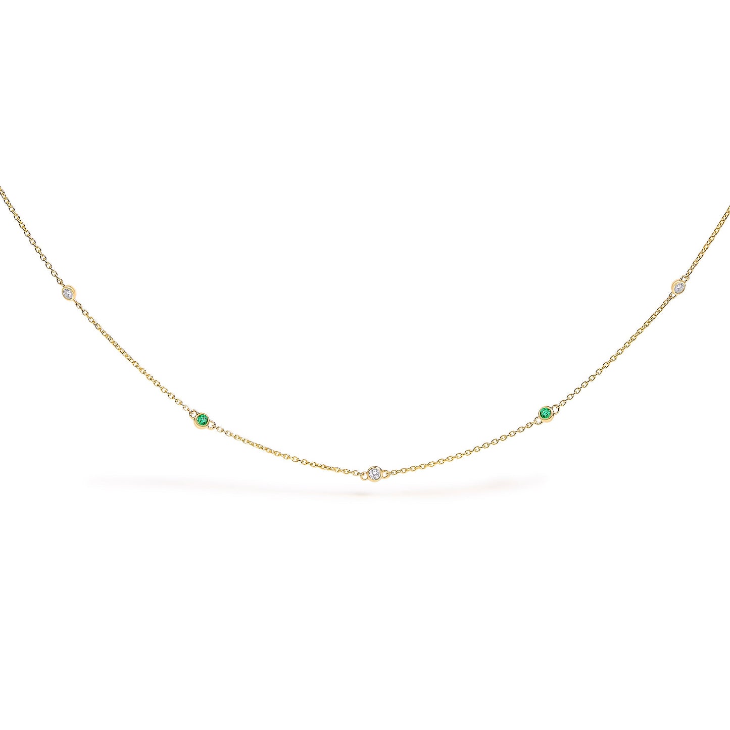 14K Yellow Gold Bezel Set Alternating Green Emerald and Diamond Station Necklace - 18" Inches Bids.com