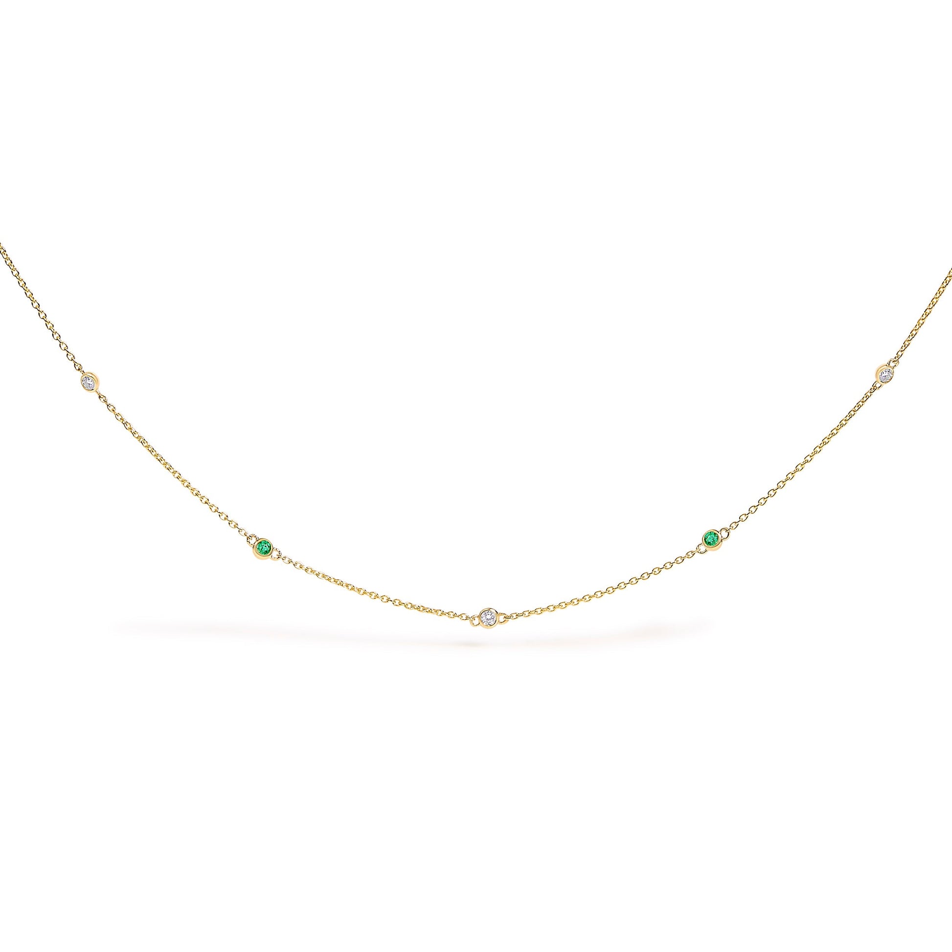 14K Yellow Gold Bezel Set Alternating Green Emerald and Diamond Station Necklace - 18" Inches Bids.com