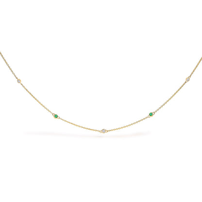 14K Yellow Gold Bezel Set Alternating Green Emerald and Diamond Station Necklace - 18" Inches Bids.com