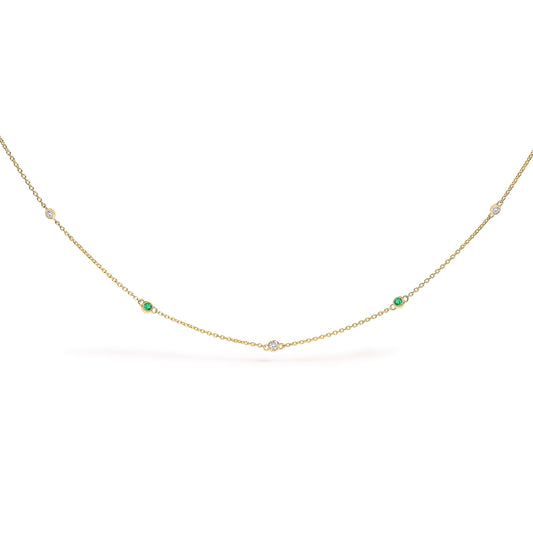 14K Yellow Gold Bezel Set Alternating Green Emerald and Diamond Station Necklace - 18" Inches Bids.com