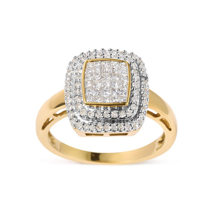 10K Yellow Gold 1/2 cttw Round and Princess Diamond Composite Head and Halo Ring (H-I Color, SI1-SI2 Clarity) - Ring Size 7 Bids.com