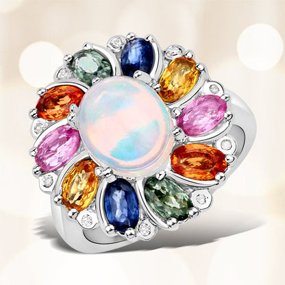 3.92 Carat Genuine Ethiopian Opal, Multi Sapphire and White Diamond .925 Sterling Silver Ring Bids.com