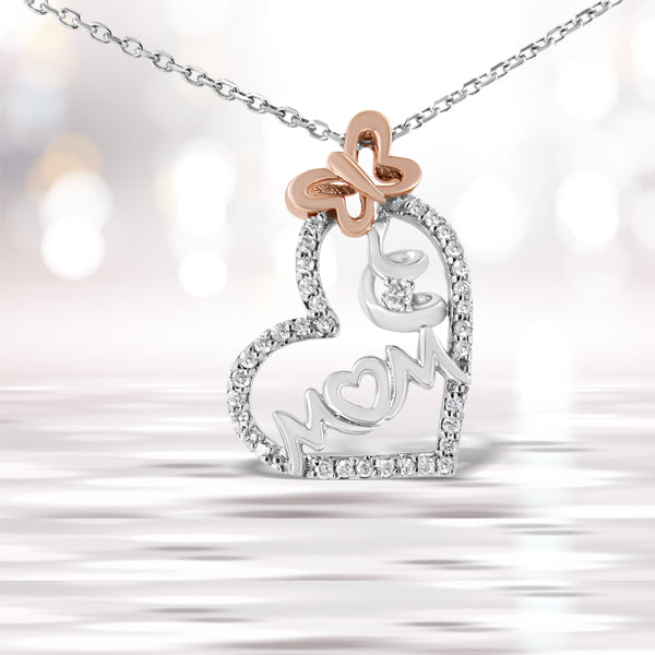 Two Tone .925 Sterling Silver 1/5 cttw Diamond "Mom" and Heart Pendant Necklace (H-I, I1-I2) Bids.com
