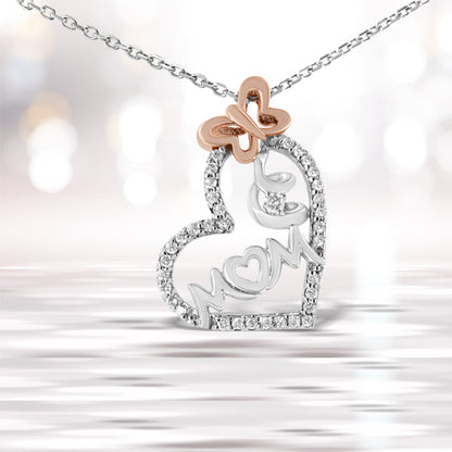 Two Tone .925 Sterling Silver 1/5 cttw Diamond "Mom" and Heart Pendant Necklace (H-I, I1-I2) Bids.com