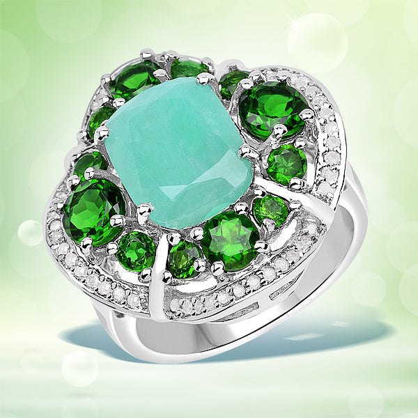 5.49 Carat Genuine Emerald, Chrome Diopside and White Diamond .925 Sterling Silver Ring Bids.com