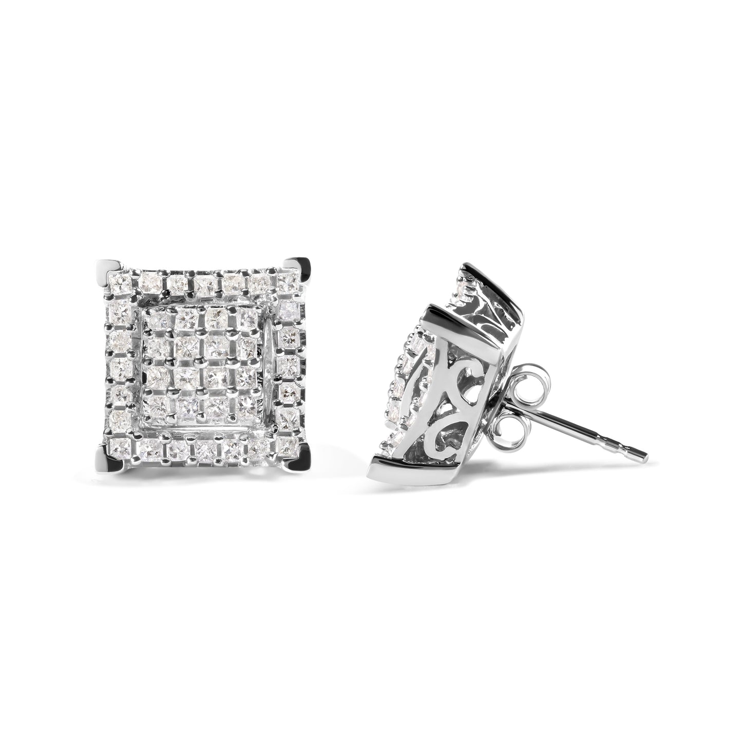 10K White Gold 1 1/4 Cttw Princess Diamond Composite Double Square and Halo Stud Earrings (I-J Color, I1-I2 Clarity) Bids.com