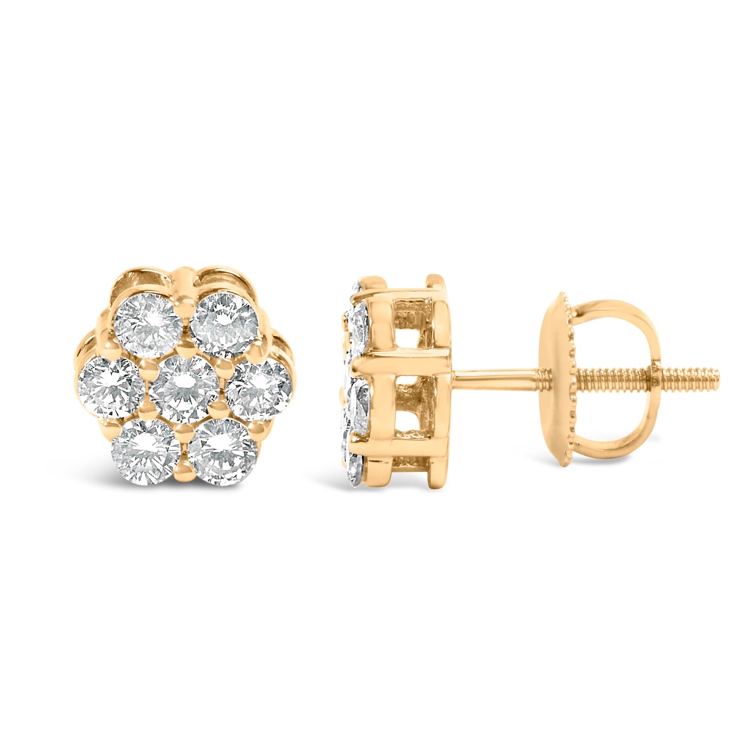 14K Yellow Gold 3/4 Cttw 7 Stone Floral Cluster Round Brilliant Cut Diamond Stud Earrings with Screw Backs (I-J Color, SI2-I1 Clarity) Bids.com