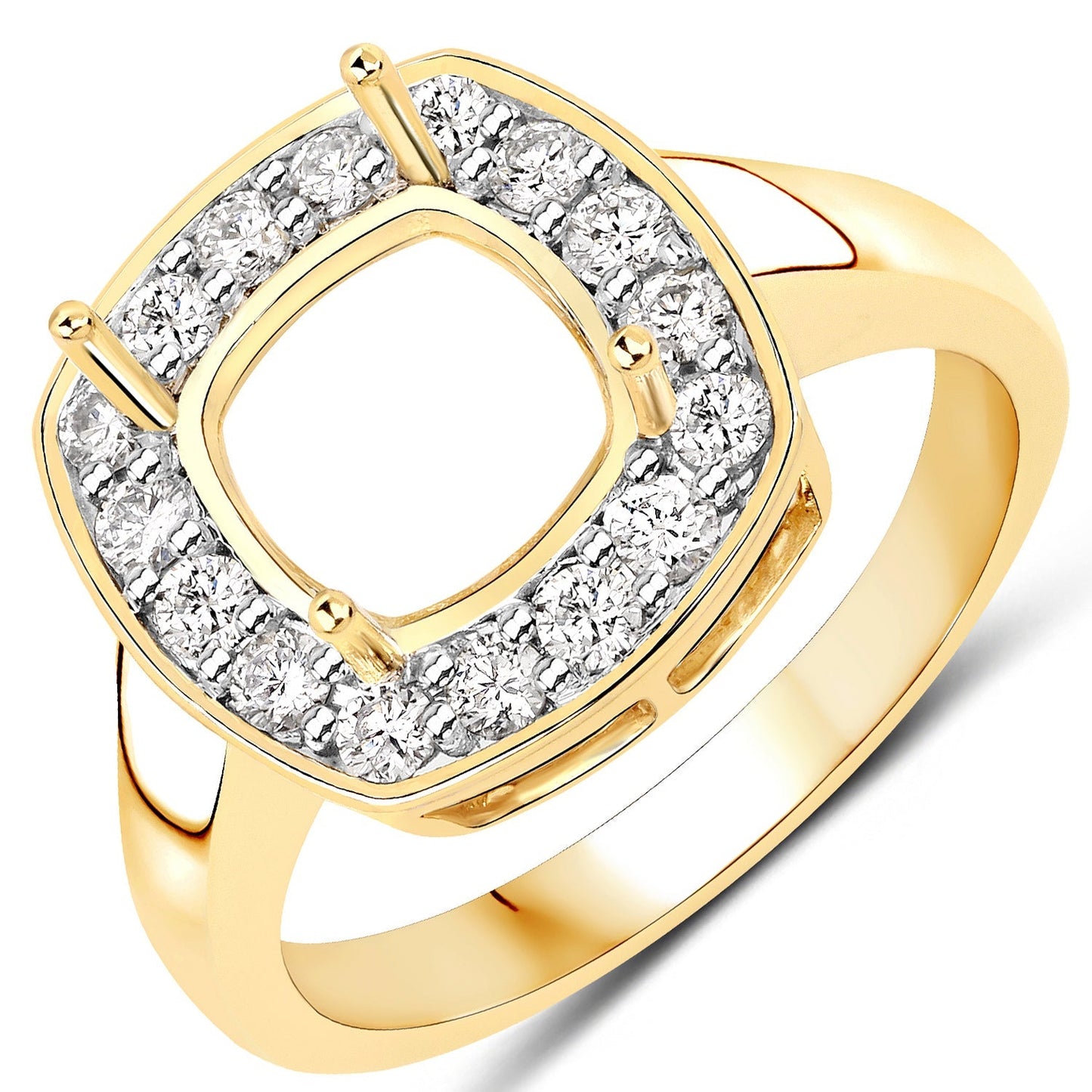 0.48 Carat Genuine White Diamond 14K Yellow Gold Semi Mount Ring - holds 8x8mm Cushion Gemstone Bids.com