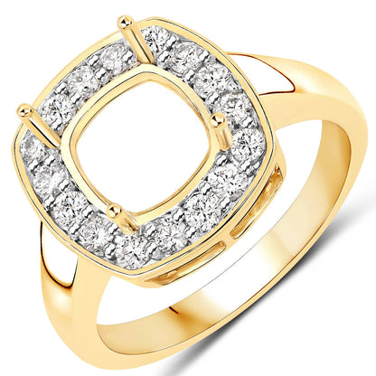 0.48 Carat Genuine White Diamond 14K Yellow Gold Semi Mount Ring - holds 8x8mm Cushion Gemstone Bids.com
