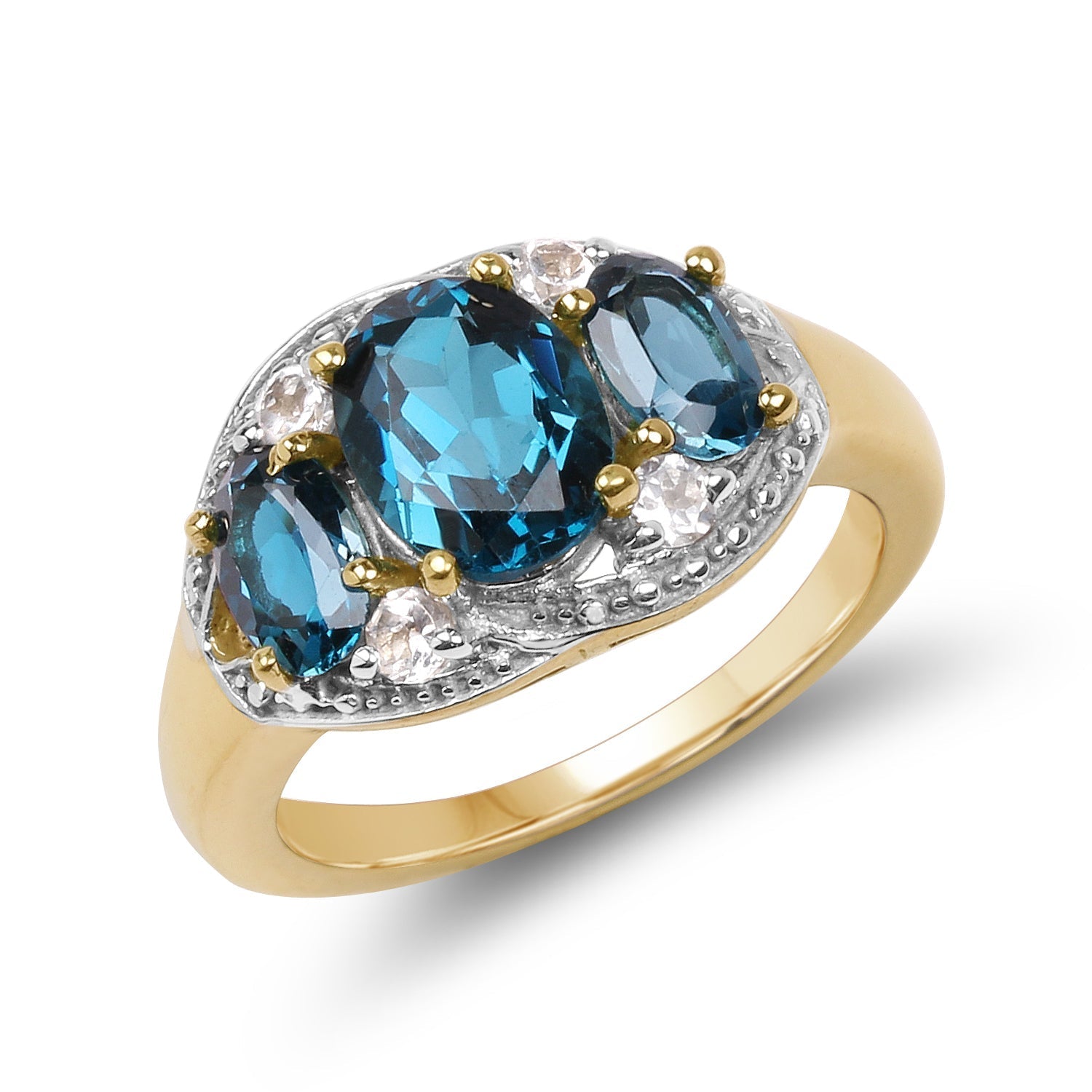14K Yellow Gold Plated 2.77 Carat Genuine London Blue Topaz and White Topaz .925 Sterling Silver Ring Bids.com