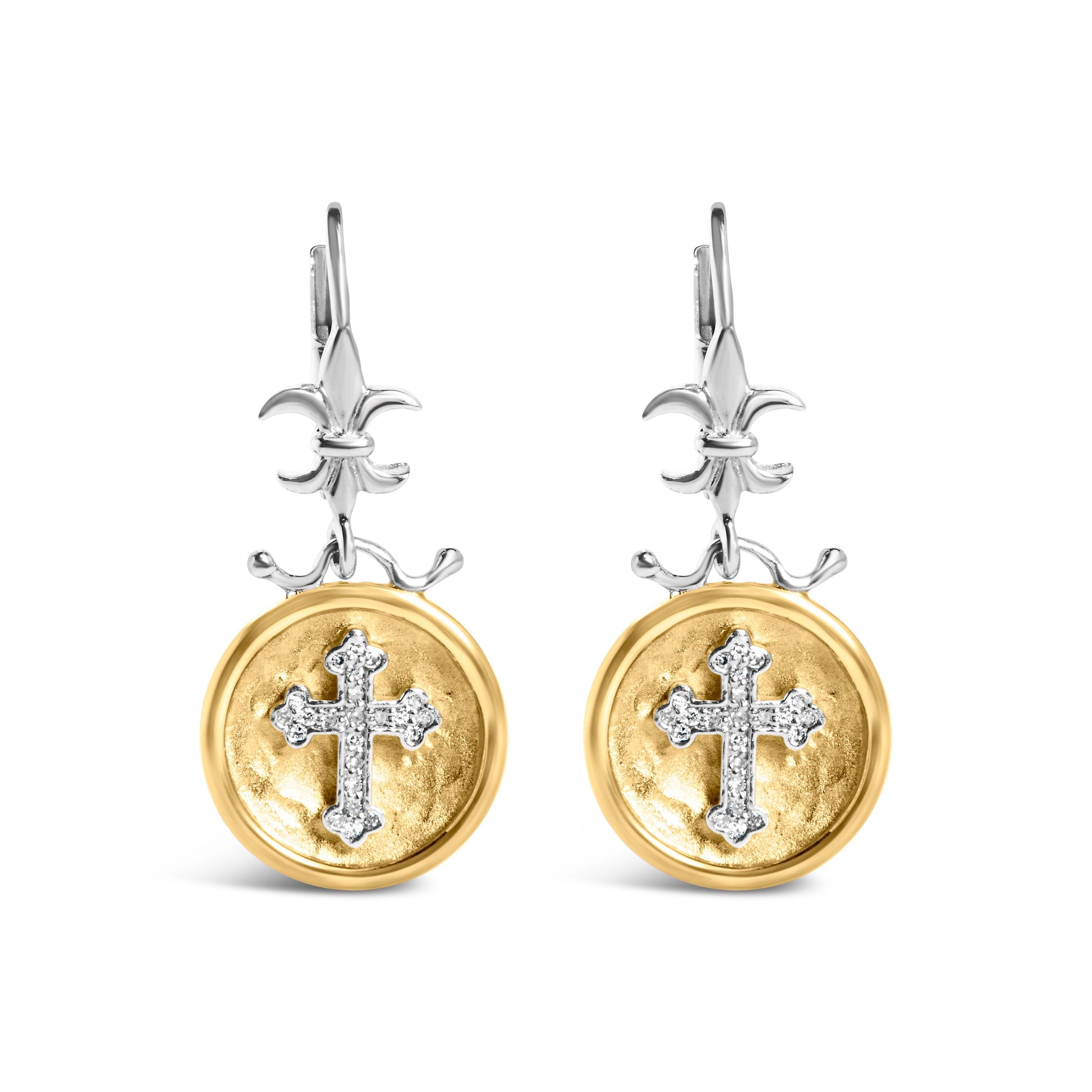18K Yellow Gold Plated .925 Sterling Silver 1/8 Cttw Diamond Hammered Finished Medallion with Cross Drop and Dangle Earrings (I-J Color, SI1-SI2 Clarity) Bids.com