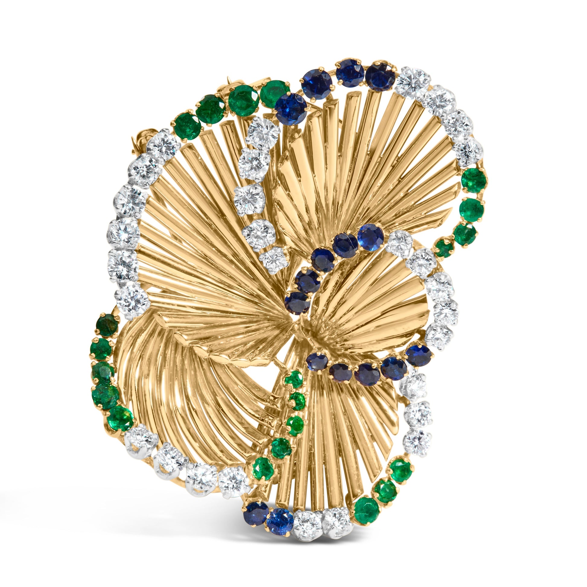 18K Yellow Gold 2 1/3 Cttw Diamond, Sapphire, and Emerald Sculpted Petal Brooch Pin (G-H Color, VS1-VS2 Clarity) Bids.com