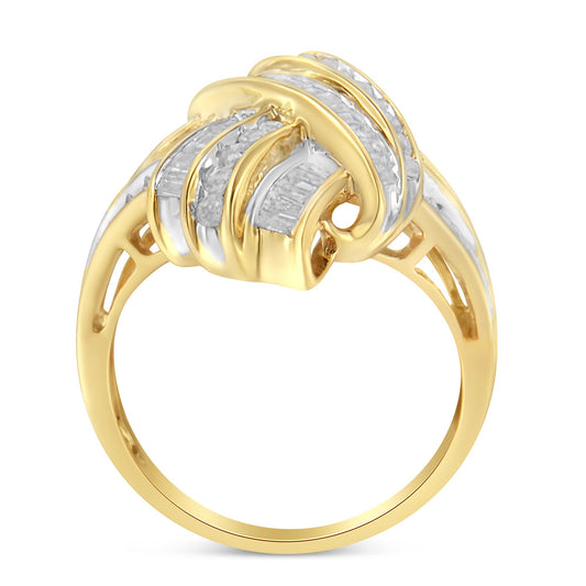 10K Yellow Gold Plated .925 Sterling Silver 1.0 Cttw Round & Baguette Diamond Knot Channel Statement Ring (I-J Color, I2-I3 Clarity) - Size 6 Bids.com