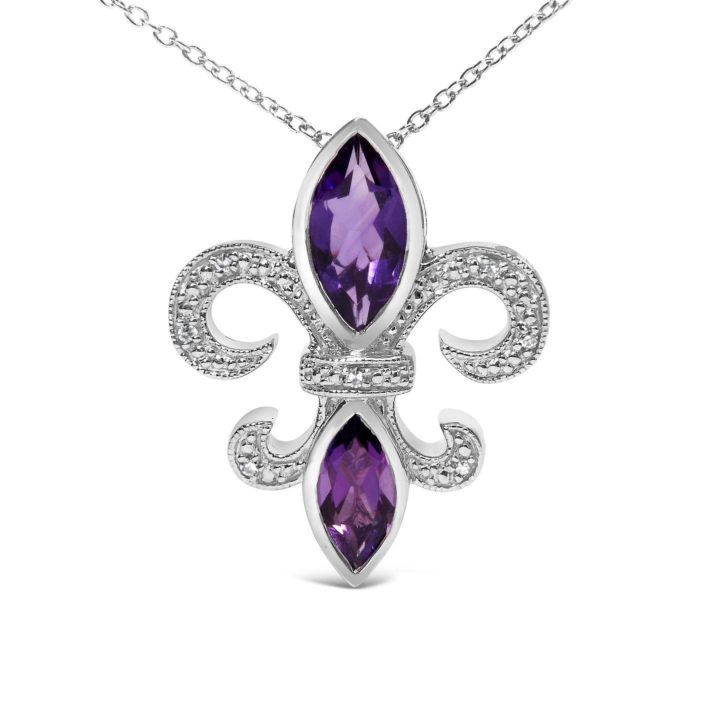.925 Sterling Silver Purple Amethyst Marquise and Diamond Accent Fleur De Lis Pendant Necklace (H-I Color, SI1-SI2 Clarity) - Size 18" Bids.com