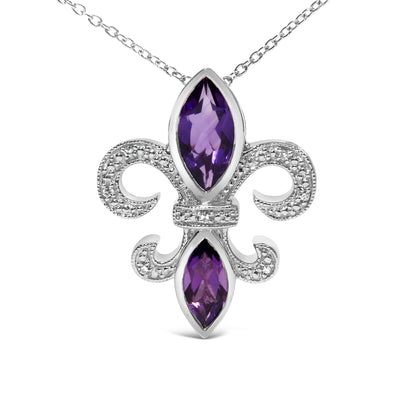 .925 Sterling Silver Purple Amethyst Marquise and Diamond Accent Fleur De Lis Pendant Necklace (H-I Color, SI1-SI2 Clarity) - Size 18" Bids.com