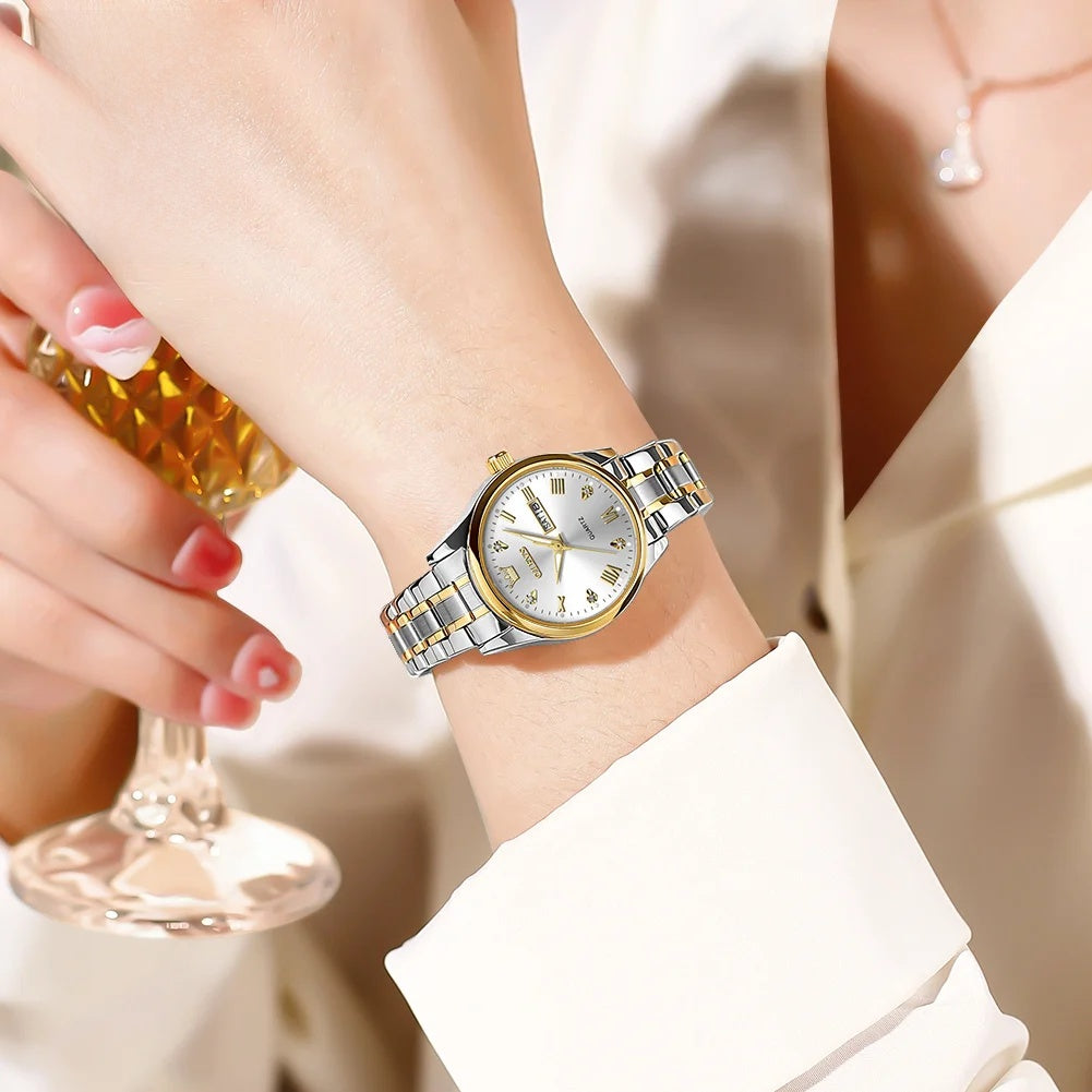 Women's Gold Stainless Steel Quartz Watch Dual Calendar BandsCo Straps