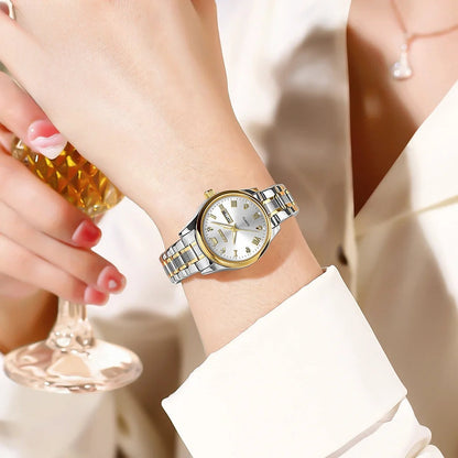 Women's Gold Stainless Steel Quartz Watch Dual Calendar BandsCo Straps
