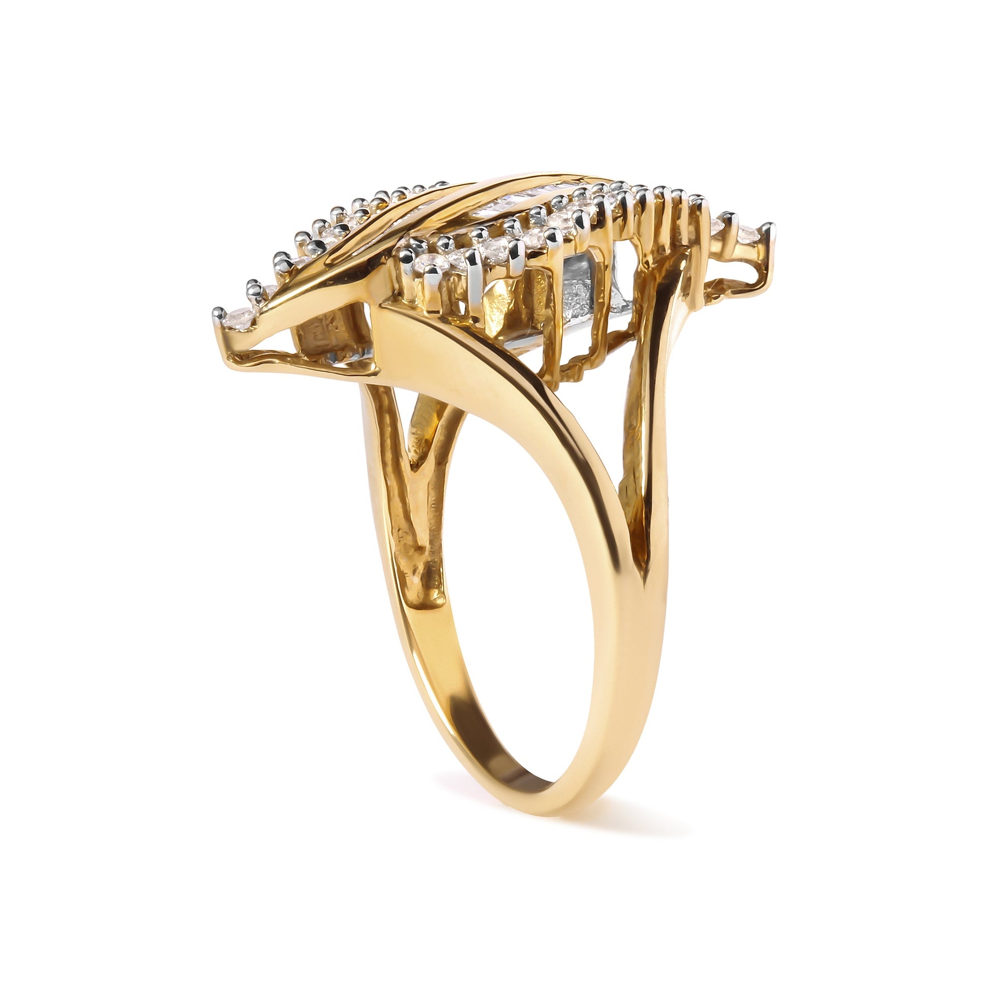 10K Yellow Gold 1/2 Cttw Round and Baguette Cut Diamond Cocktail Ring (H-I Color, I1-I2 Clarity) Bids.com