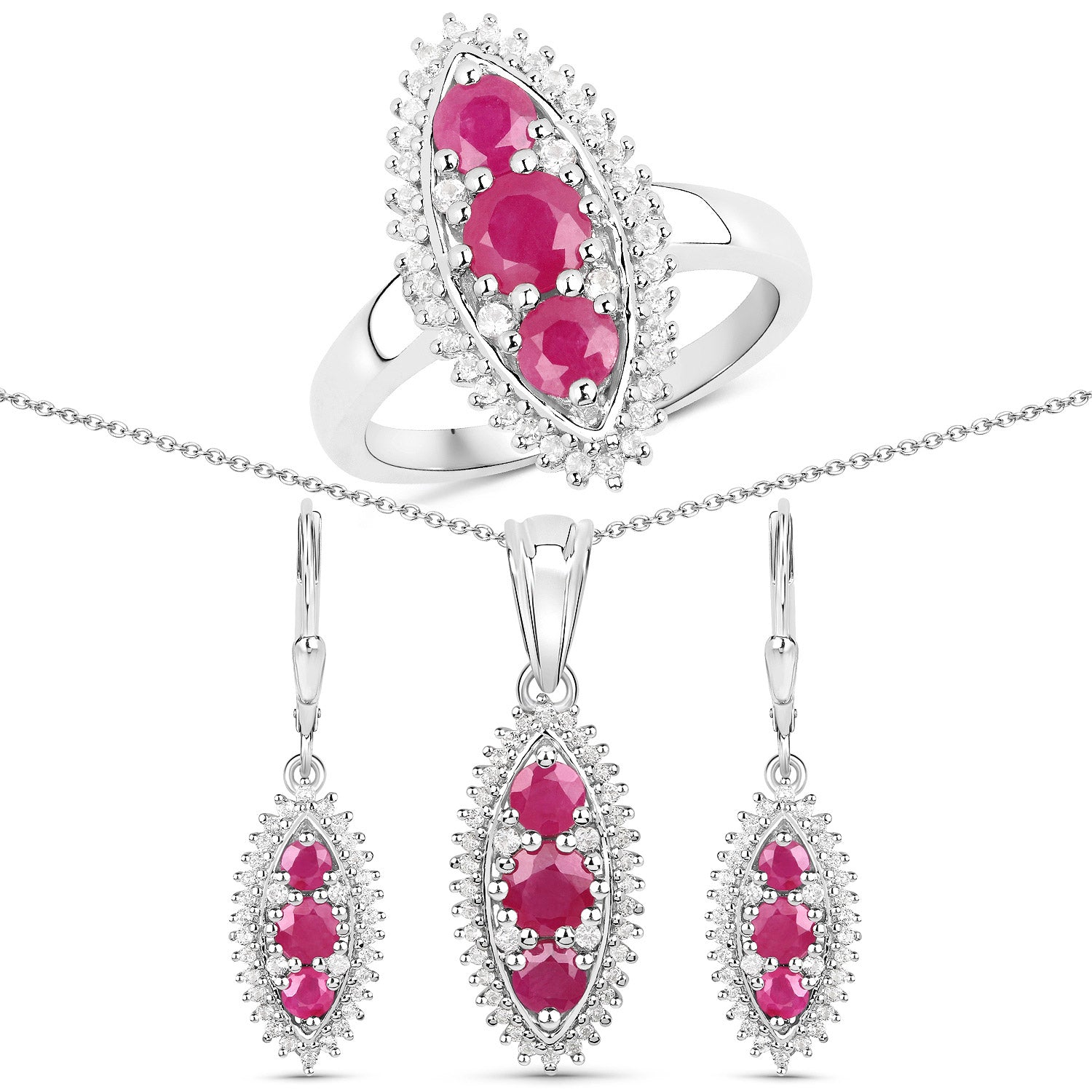 4.32 Carat Genuine Ruby and White Topaz .925 Sterling Silver 3 Piece Jewelry Set (Ring, Earrings, and Pendant w/ Chain) Bids.com