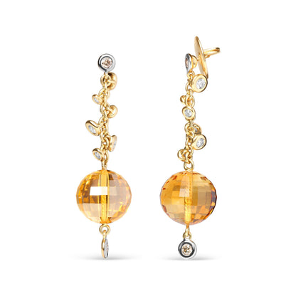 18K Yellow Gold 2/3 Cttw Round Bezel Diamond and 25mm Ball Shaped Yellow Citrine Gemstone Dangle Stud Earring (Brown and G-H Color, SI1-SI2 Clarity) Bids.com