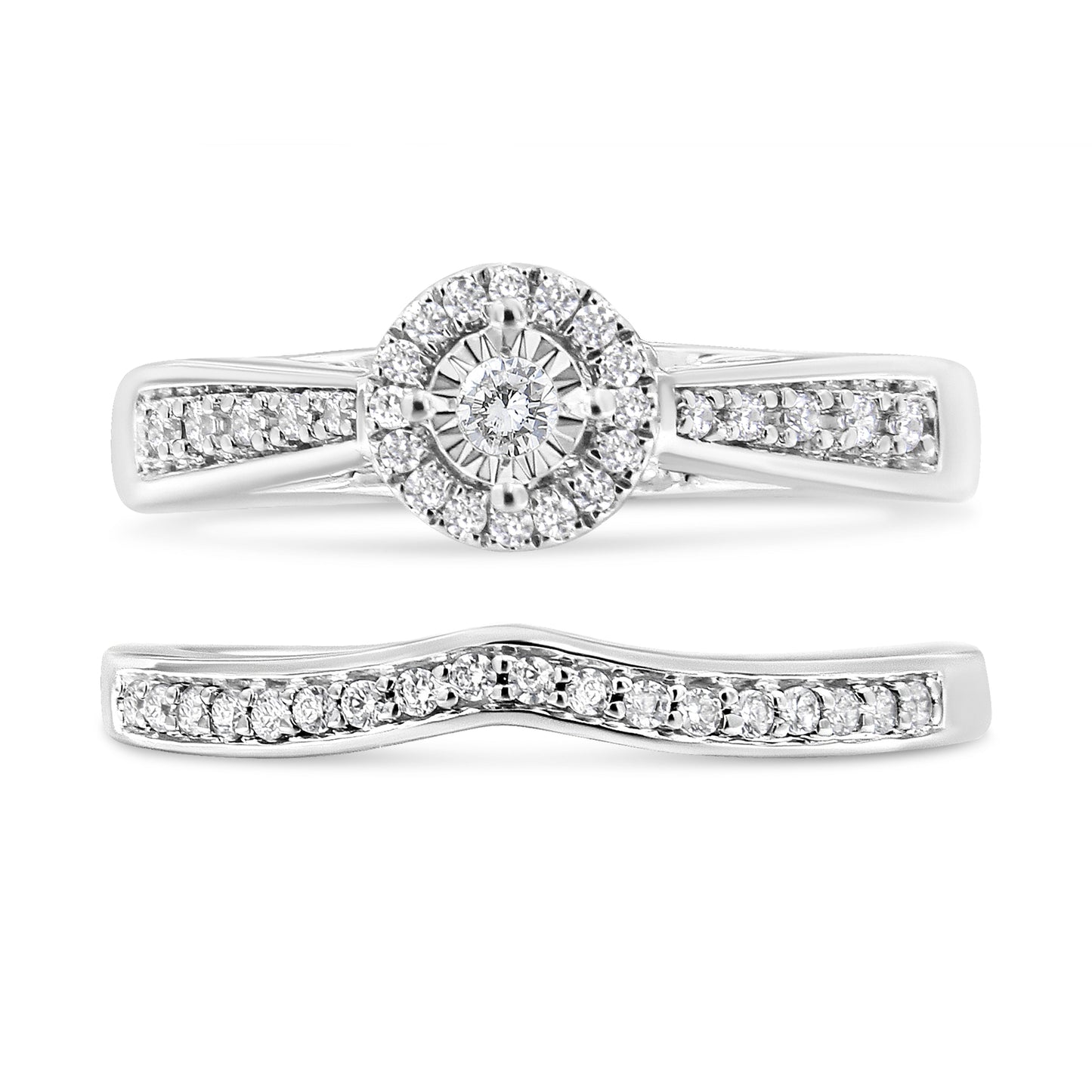 .925 Sterling Silver 1/3 Cttw Diamond Halo and Pave Shank Engagement Ring Set (I-J Color, I3 Clarity) - Ring Size 7 Bids.com