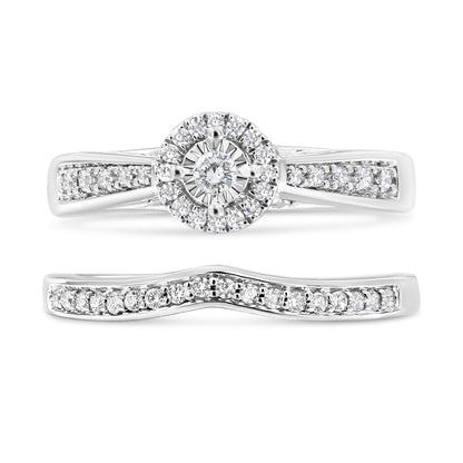 .925 Sterling Silver 1/3 Cttw Diamond Halo and Pave Shank Engagement Ring Set (I-J Color, I3 Clarity) - Ring Size 7 Bids.com