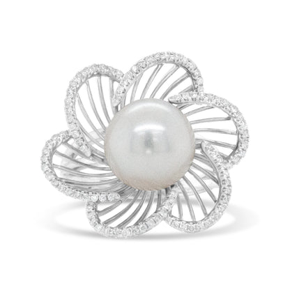 14K White Gold 11mm Round Pearl and 1/3 Cttw Round Diamond Openwork Flower Blossom Ring (H-I Color, VS1-VS2 Clarity) - Size 6.50 Bids.com