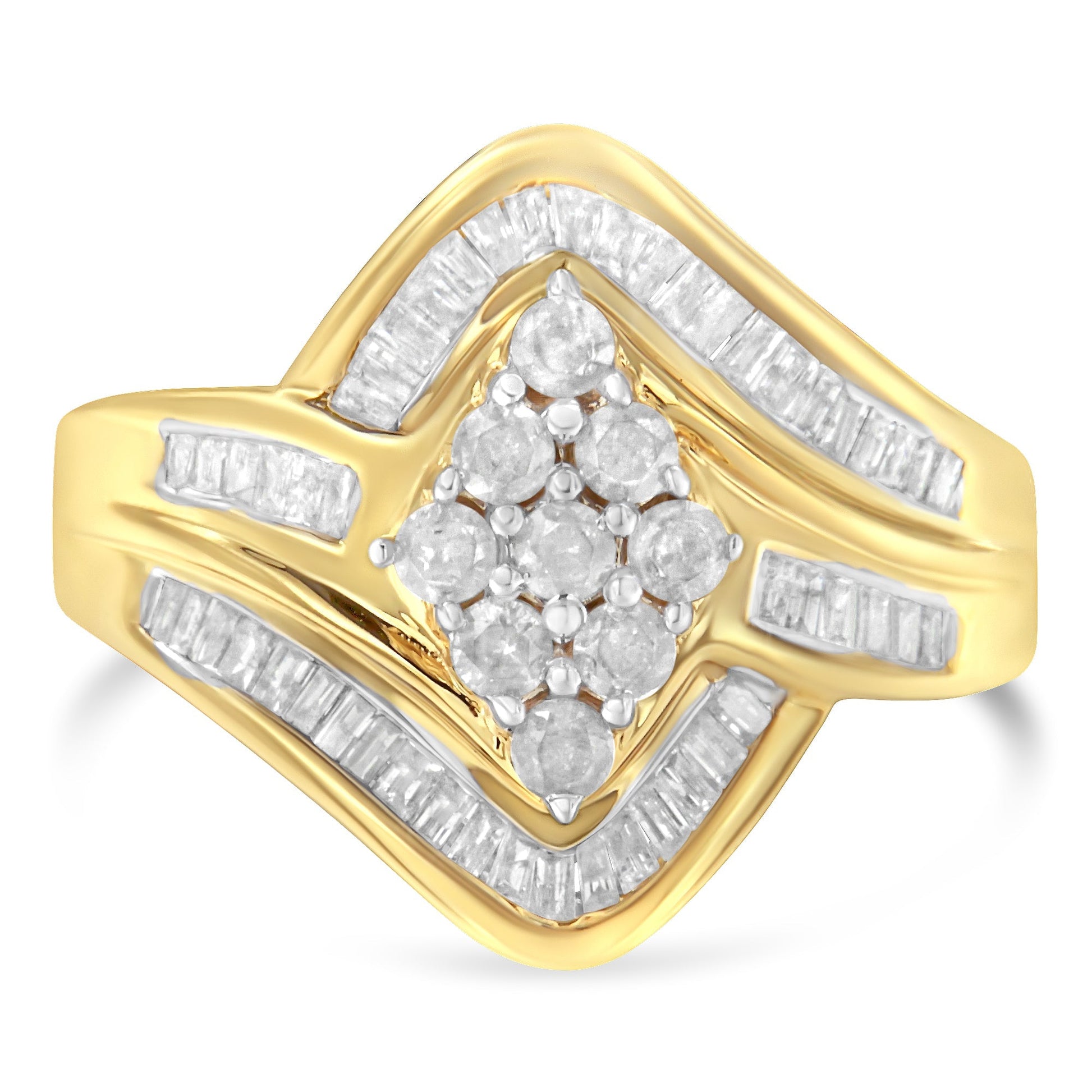 10K Yellow Gold over .925 Sterling Silver Diamond Bypass Cluster Ring (1 Cttw, I-J Color, I2-I3 Clarity) - Size 6 Bids.com