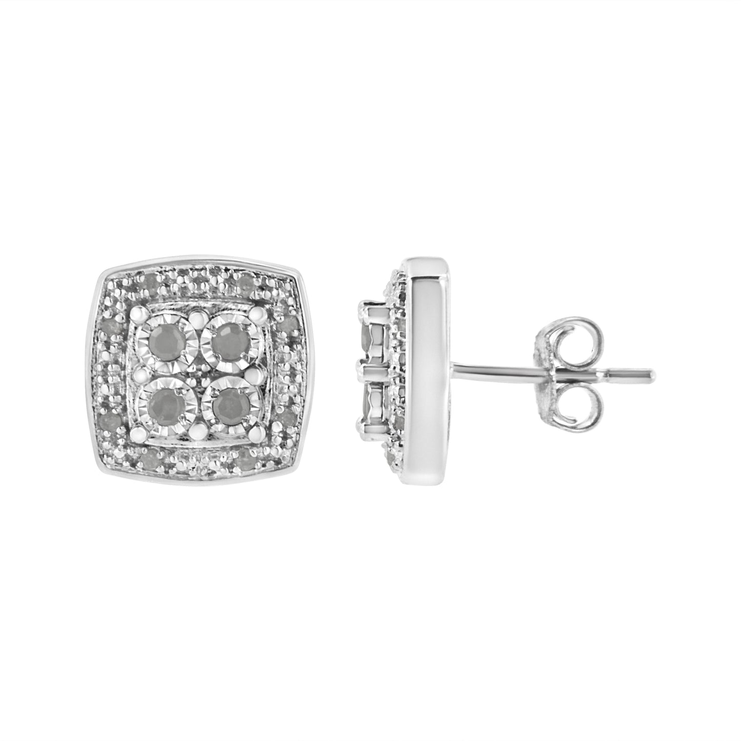 .925 Sterling Silver 1/4 cttw Round Cut Diamond Square Shape Milgrain Stud Earrings (I-J Color, I3 Clarity) Bids.com