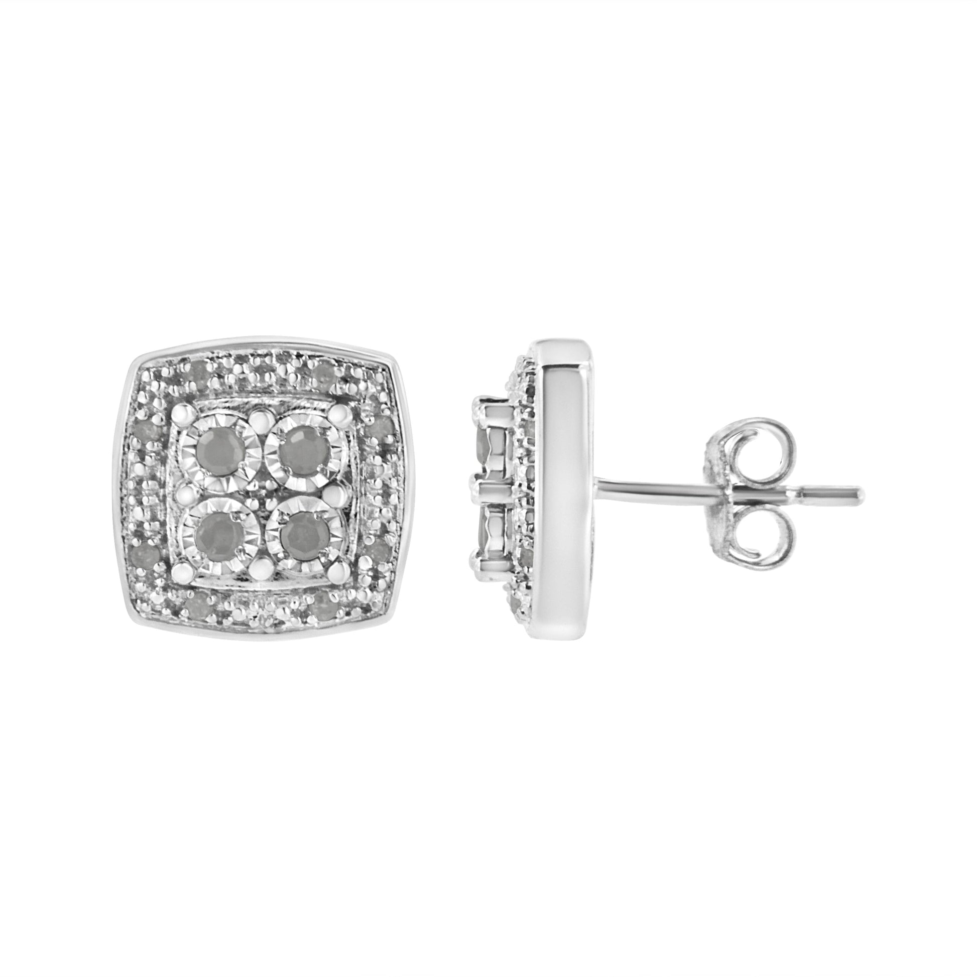 .925 Sterling Silver 1/4 cttw Round Cut Diamond Square Shape Milgrain Stud Earrings (I-J Color, I3 Clarity) Bids.com
