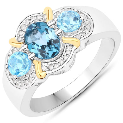 1.64 Carat Genuine London Blue Topaz, Swiss Blue Topaz and White Diamond .925 Sterling Silver Ring Bids.com