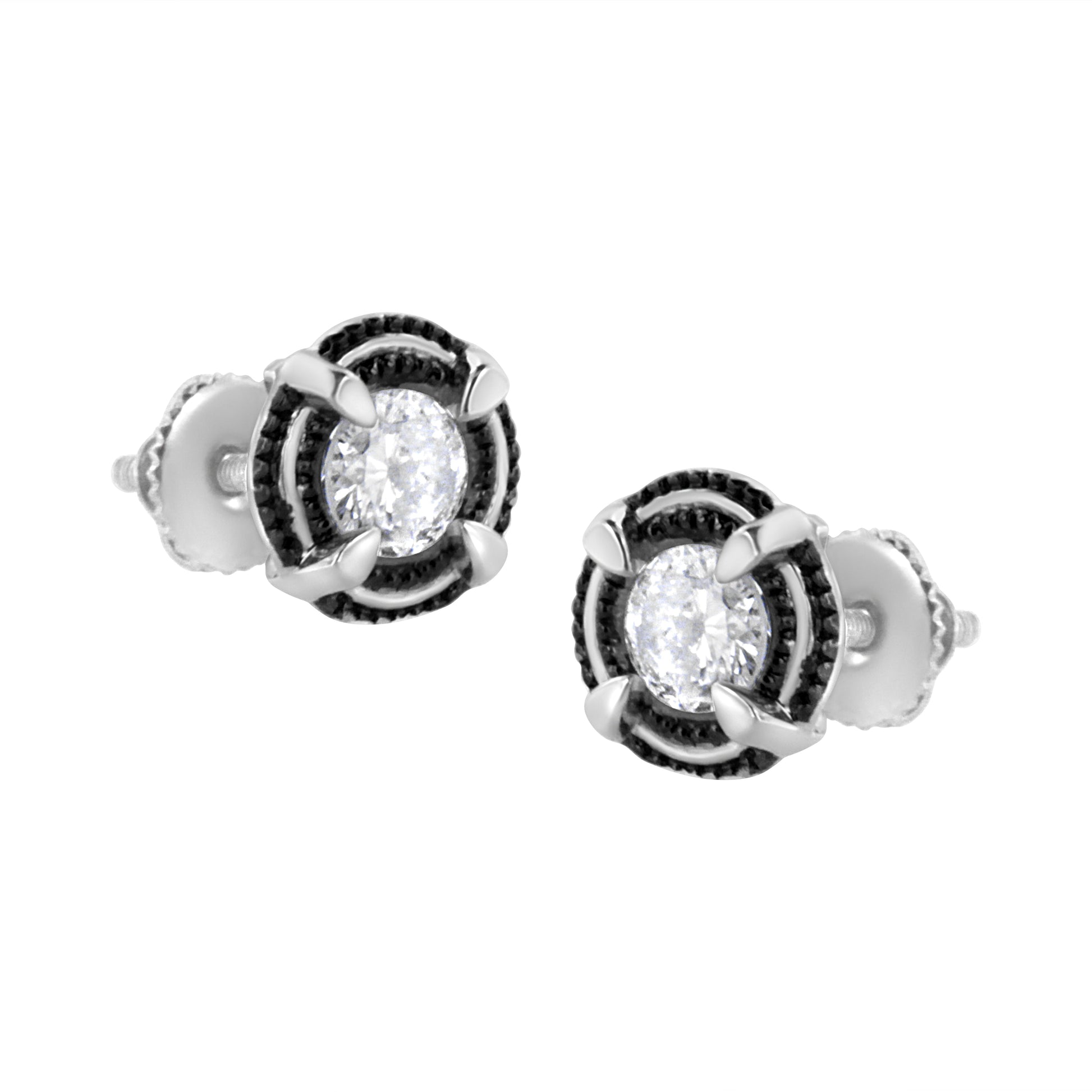 Black Rhodium Plated .925 Sterling Silver Round 1-1/2 cttw Diamond Double Halo 4-Prong Solitaire Milgrain Stud Earrings (H-I Color, I2-I3 Clarity) Bids.com