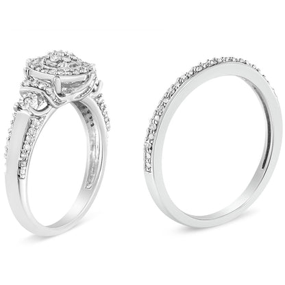 .925 Sterling Silver 1/3 Cttw Diamond 7 Stone Cluster and Halo Engagement Ring and Wedding Band Set (I-J Color, I1-I2 Clarity) - Size 7 Bids.com