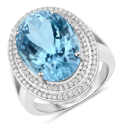 12.89 Carat Genuine Aquamarine and White Diamond 14K White Gold Ring Bids.com