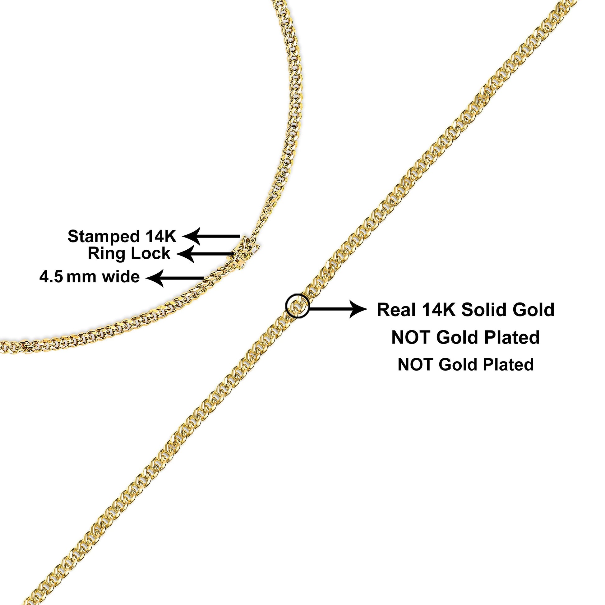 Semi-Solid 14K Yellow Gold 4.5mm Miami Cuban Chain Necklace - Unisex Chain - 22 Inches Bids.com