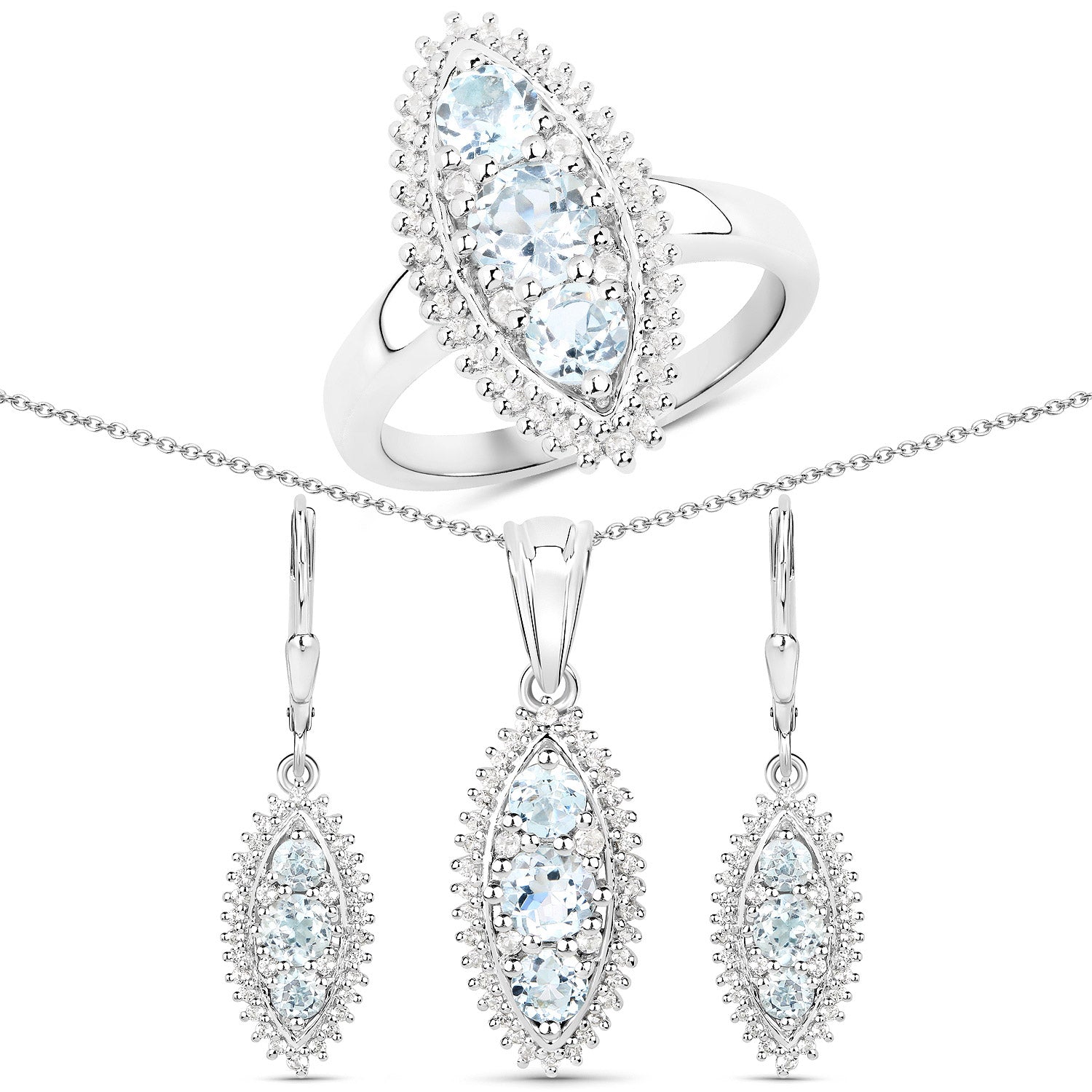 4.50 Carat Genuine Blue Topaz and White Topaz .925 Sterling Silver 3 Piece Jewelry Set (Ring, Earrings, and Pendant w/ Chain) Bids.com