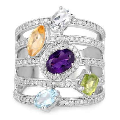 3.66 Carat Genuine Multi Stones .925 Sterling Silver Ring Bids.com
