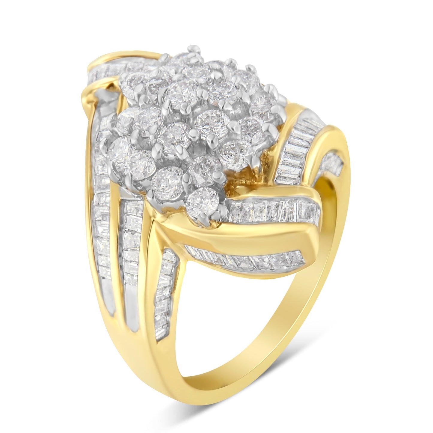 10K Yellow Gold Round and Baguette Diamond Crossover Cluster Ring (3 Cttw, I-J Color, I1-I2 Clarity) - Size 7-1/2 Bids.com