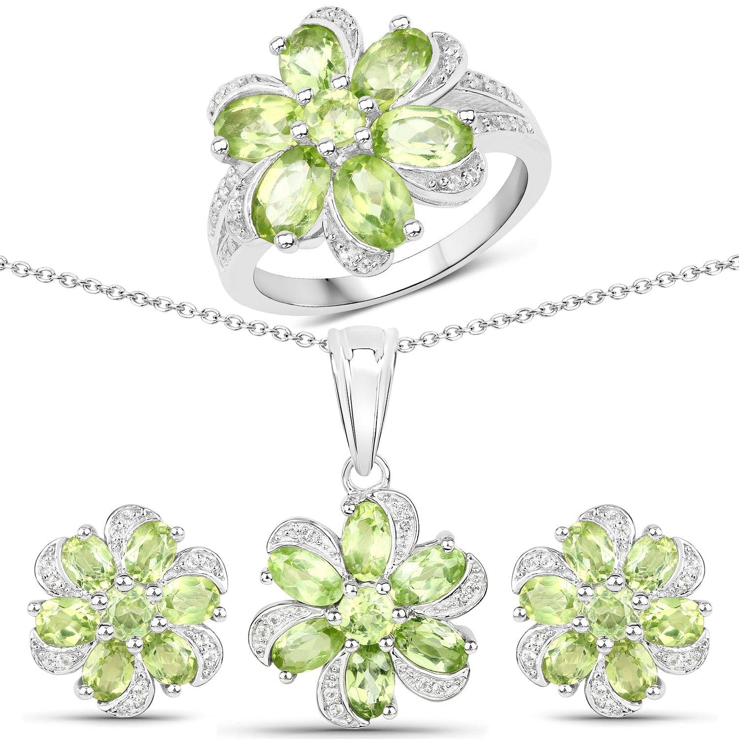 8.04 Carat Genuine Peridot and White Topaz .925 Sterling Silver 3 Piece Jewelry Set (Ring, Earrings, and Pendant w/ Chain) Bids.com