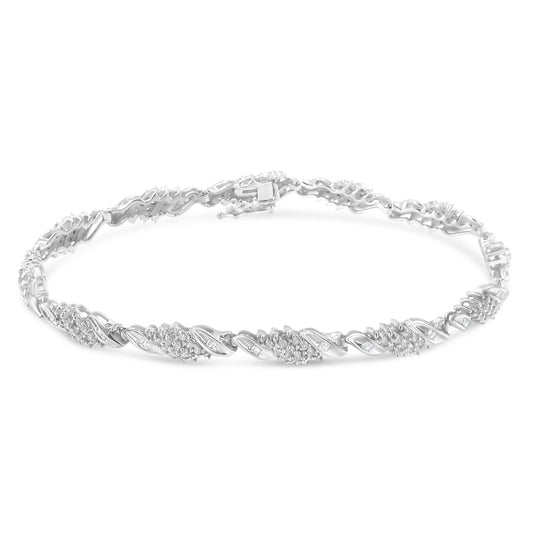 .925 Sterling Silver 1-1/2 Cttw Round and Baguette Cut Diamond Wave Link Bracelet (I-J Color, I2-I3 Clarity) - 7" Bids.com