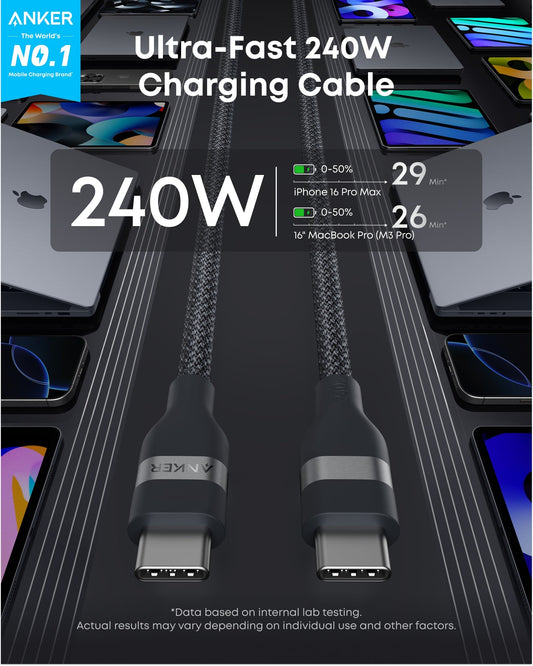 Anker USB-C to USB-C Cable (3 ft / 6 ft, 240W, Upcycled-Braided) Anker