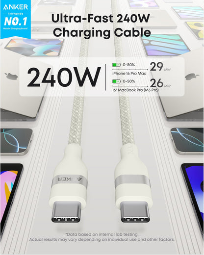 Anker USB-C to USB-C Cable (3 ft / 6 ft, 240W, Upcycled-Braided) Anker
