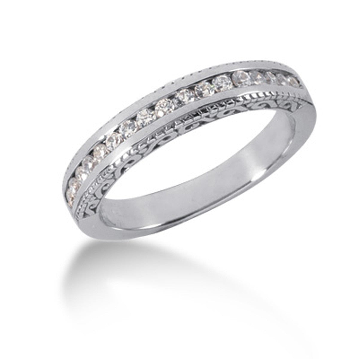 14k White Gold Vintage Style Engraved Diamond Channel Set Wedding Ring Band Bids.com