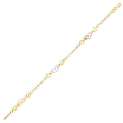 14k Tri-Color Gold Anklet with Multi Color Heart Stations Bids.com