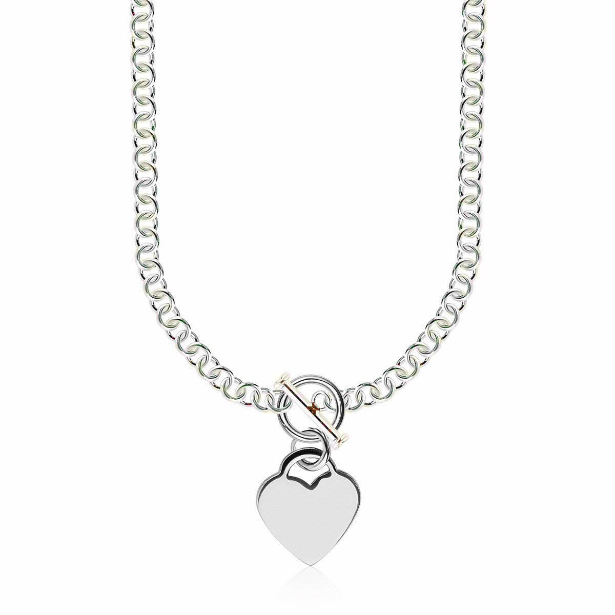 Sterling Silver Rhodium Plated Rolo Chain Necklace with a Heart Toggle Charm Bids.com