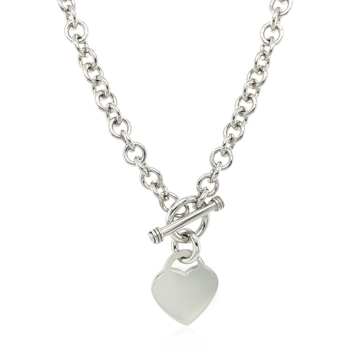 Sterling Silver Rhodium Plated Rolo Chain Necklace with a Heart Toggle Charm Bids.com